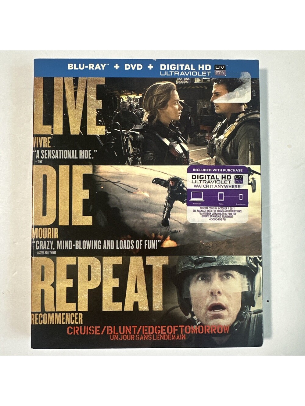 Live Die Repeat Edge of Tomorrow Blu-ray + DVD 2014 w/ Slipcover Tom Cruise